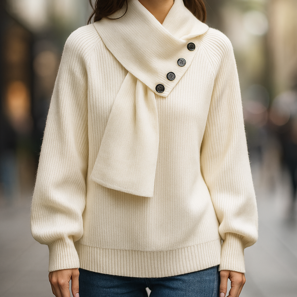 Ariane – Elegant striksweater med halstørklædekrave
