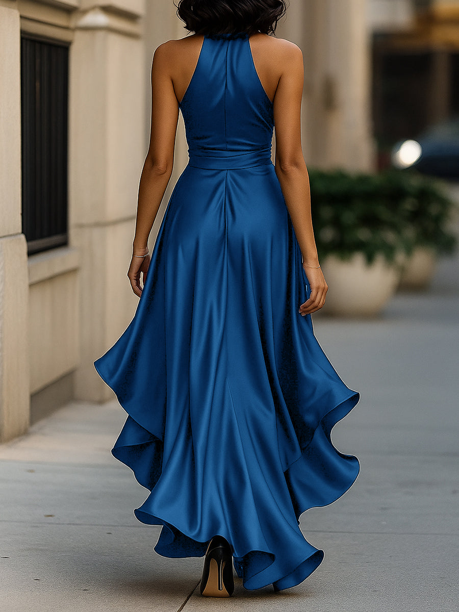 Midnight Elegance Satin Halter Ruffle Dress