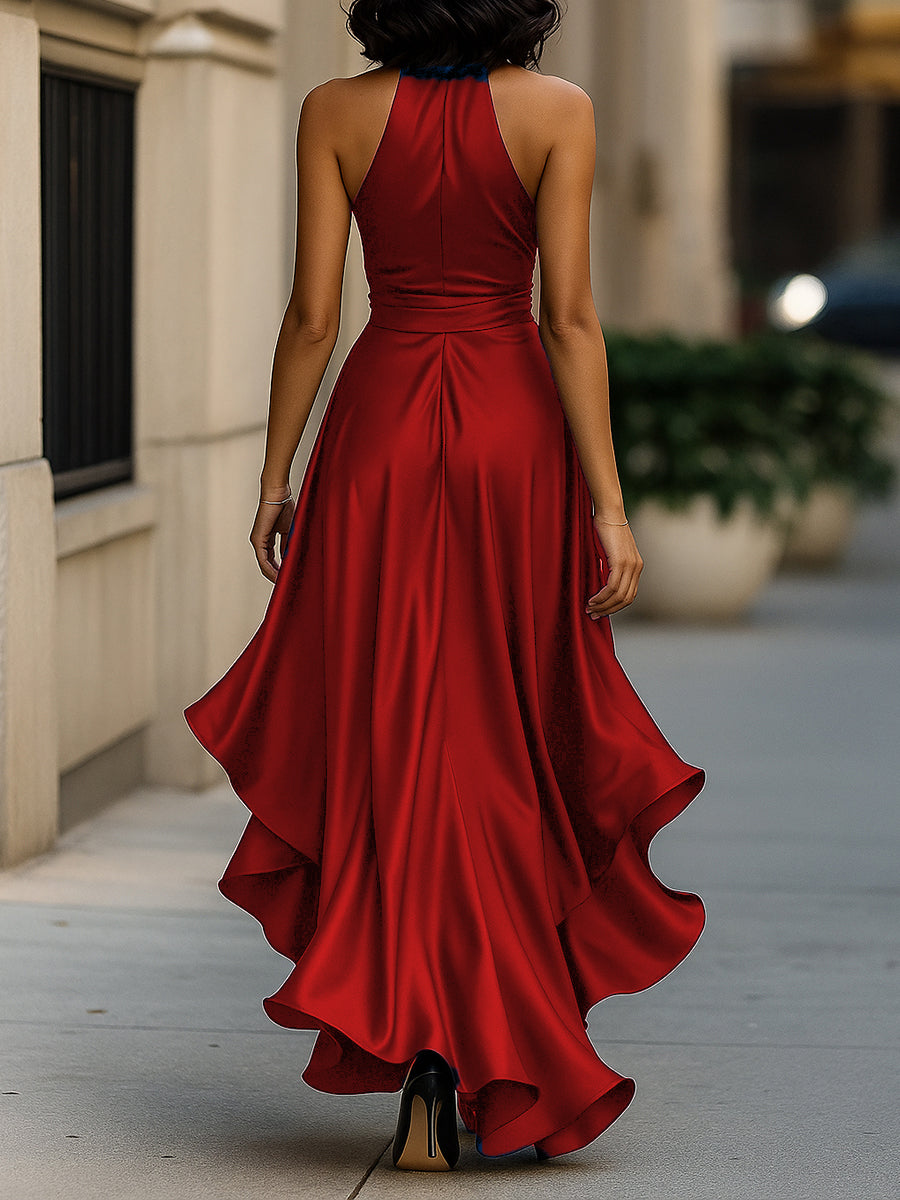Midnight Elegance Satin Halter Ruffle Dress