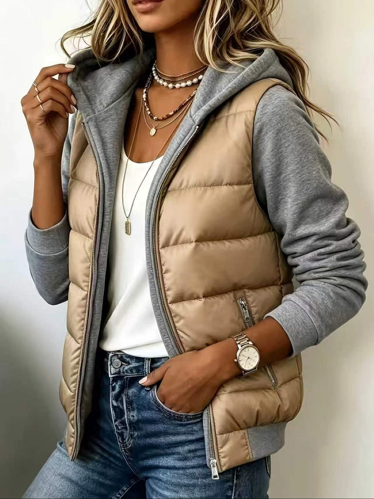 Nina – Quiltet Colorblock-jakke med hætte